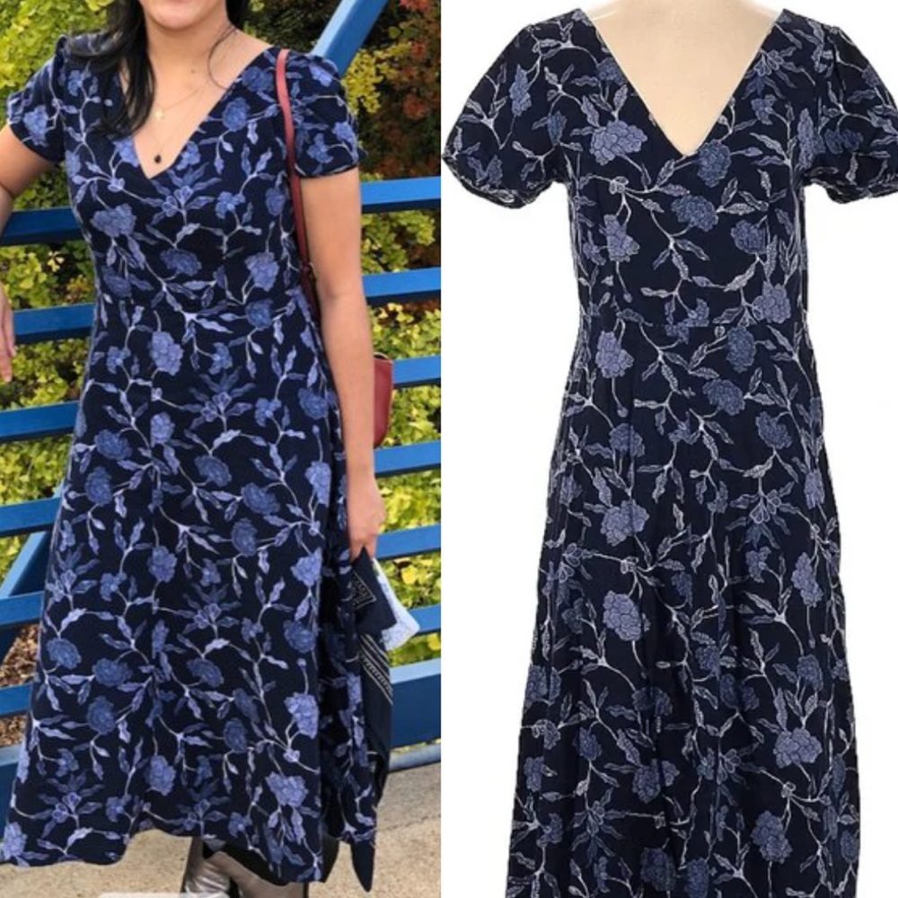 NWT GAP Floral Navy Blue midi Dress v neck size 16